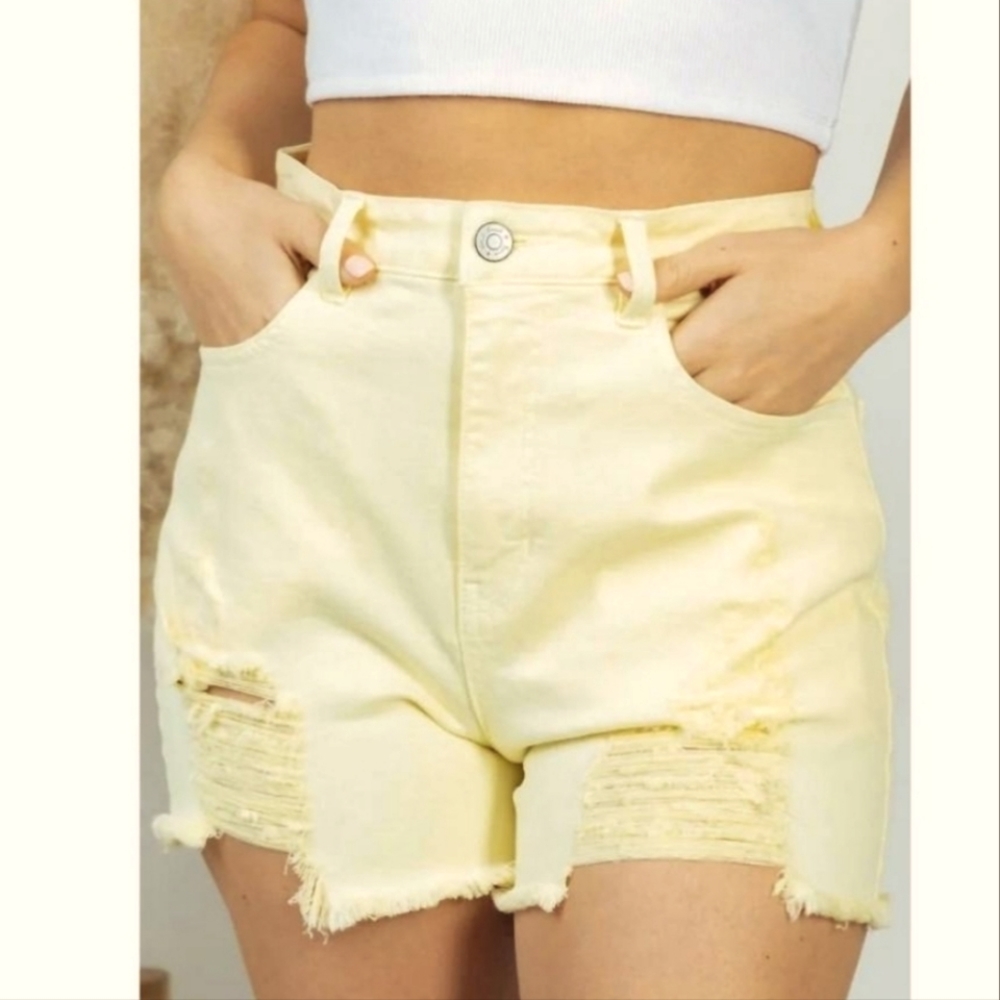 Mid-rise Yellow Distressed Shorts - Picture 2 of 7